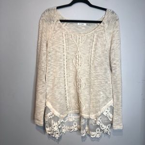 Blu Pepper Lightweight Knit Lace Trim Sweater, size L beige colour
